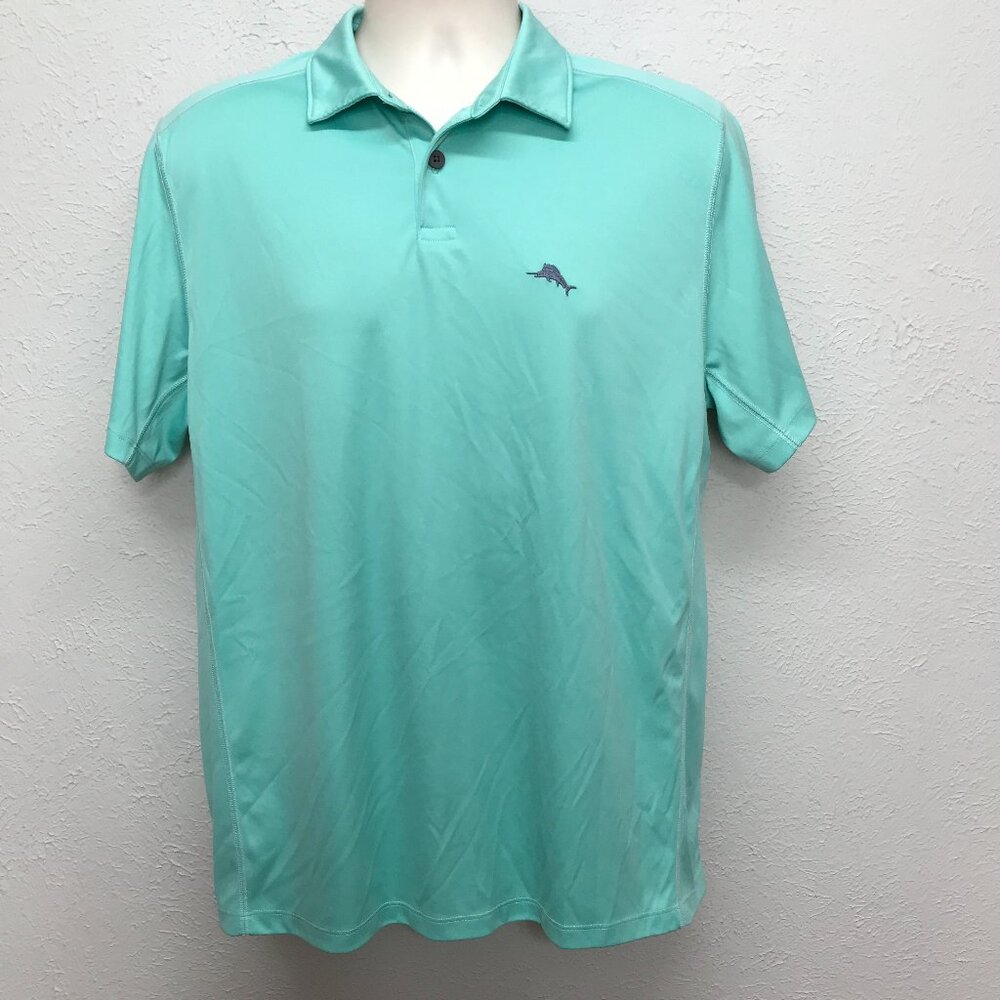 Tommy Bahama Polo Shirt Mens M‎ Aqua Blue/Green Short Sleeve Polyester Marlin